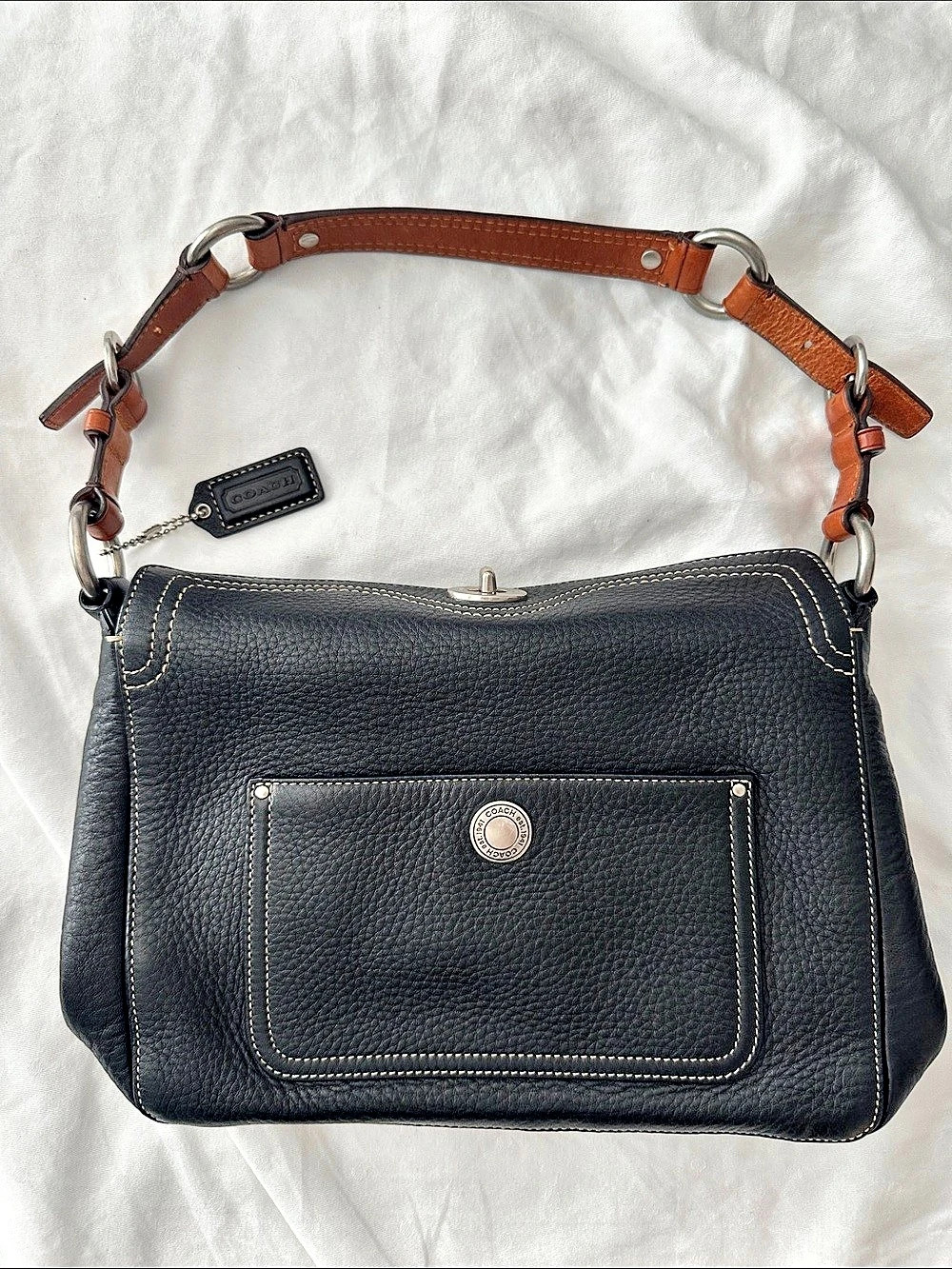 Coach Chelsea Pebbled Leather Turnlock Shoulder Bag Black & Brown